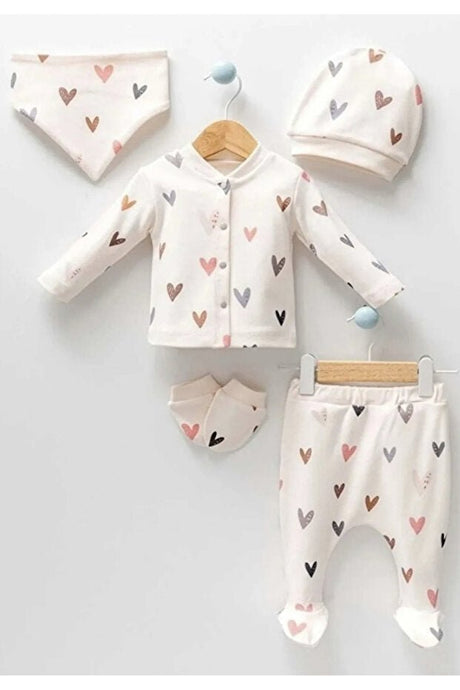 Premium Newborn Girl's 5 - Piece Hospital Exit Set - Colorful Hearts Cream - TryAladdin