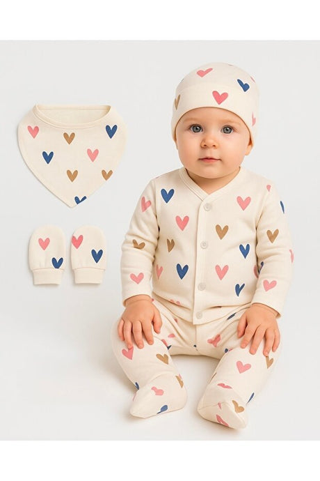 Premium Newborn Girl's 5 - Piece Hospital Exit Set - Colorful Hearts Cream - TryAladdin