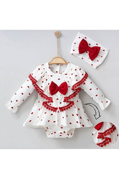 Premium Newborn Girls' Heart Print Romper & Headband Set - 2 - Piece - TryAladdin