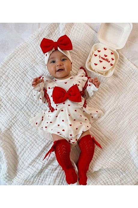 Premium Newborn Girls' Heart Print Romper & Headband Set - 2 - Piece - TryAladdin