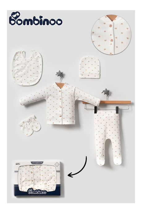 Premium Newborn Hospital Coming Home Outfit Set - 5 Piece Ribbed Ecru Fabric with Coffee Hearts - TryAladdin