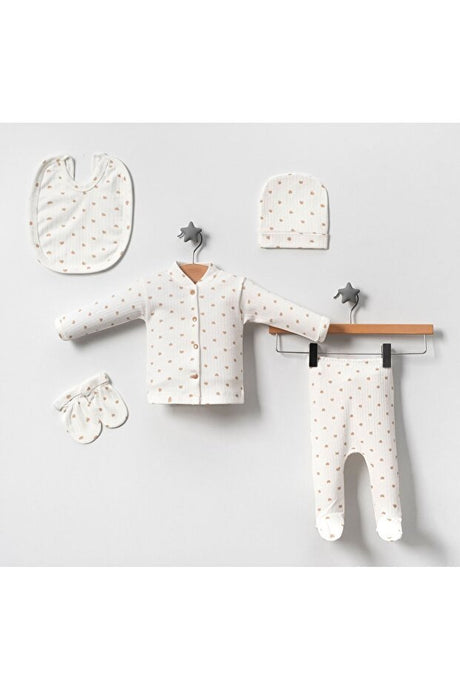 Premium Newborn Hospital Coming Home Outfit Set - 5 Piece Ribbed Ecru Fabric with Coffee Hearts - TryAladdin