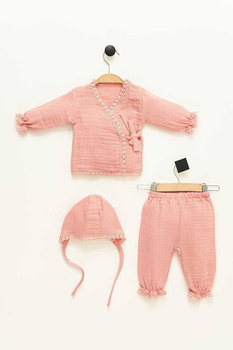Premium Newborn Muslin Cotton 3 - Piece Hospital Exit Set - Fisto Detail - TryAladdin