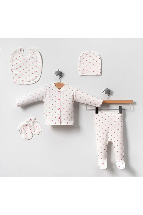 Premium Newborn Ribbed 5 - Piece Layette Bodysuit Set - Ecru Pink Heart - 1 Pack - TryAladdin