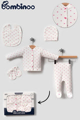 Premium Newborn Ribbed 5 - Piece Layette Bodysuit Set - Ecru Pink Heart - 1 Pack - TryAladdin