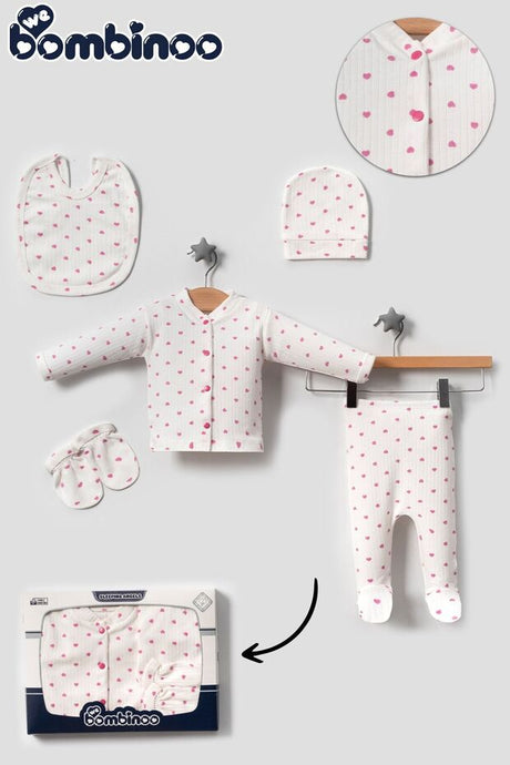 Premium Newborn Ribbed 5 - Piece Layette Bodysuit Set - Ecru Pink Heart - 1 Pack - TryAladdin