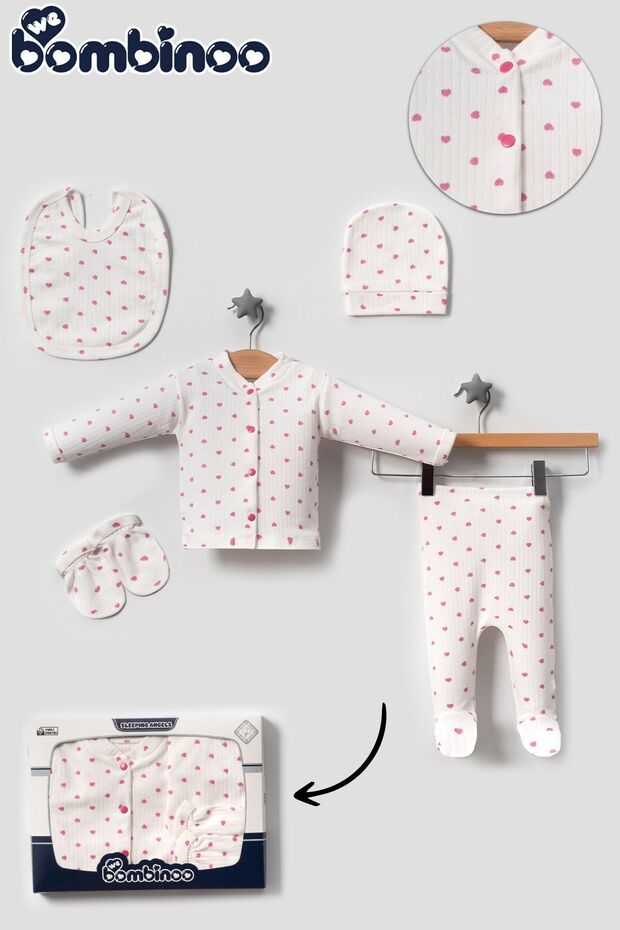 Premium Newborn Ribbed 5 - Piece Layette Bodysuit Set - Ecru Pink Heart - 1 Pack - TryAladdin
