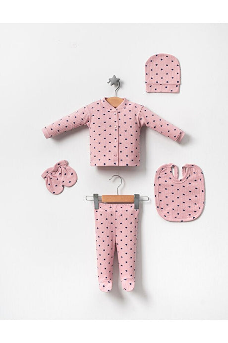 Premium Newborn Ribbed Cotton 5 - Piece Layette Set - Lilac Hearts - 5 - Piece Set - TryAladdin
