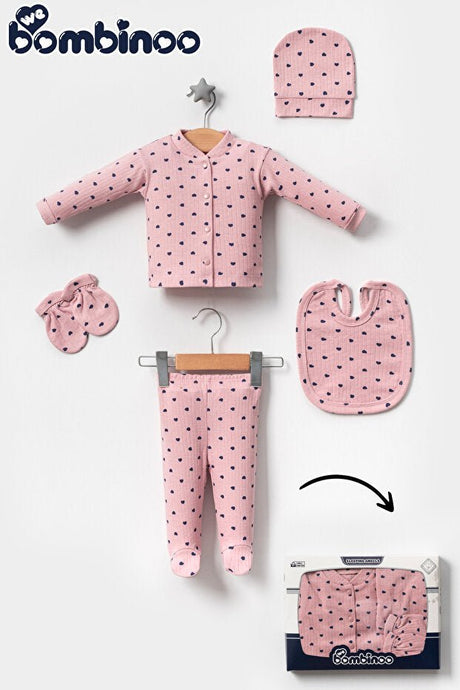 Premium Newborn Ribbed Cotton 5 - Piece Layette Set - Lilac Hearts - 5 - Piece Set - TryAladdin