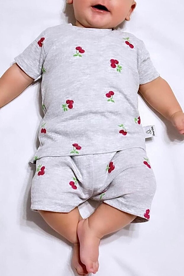 Premium Newborn Short Sleeve Cherry Print Pajama Set - Grey Melange - TryAladdin