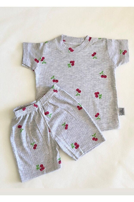 Premium Newborn Short Sleeve Cherry Print Pajama Set - Grey Melange - TryAladdin