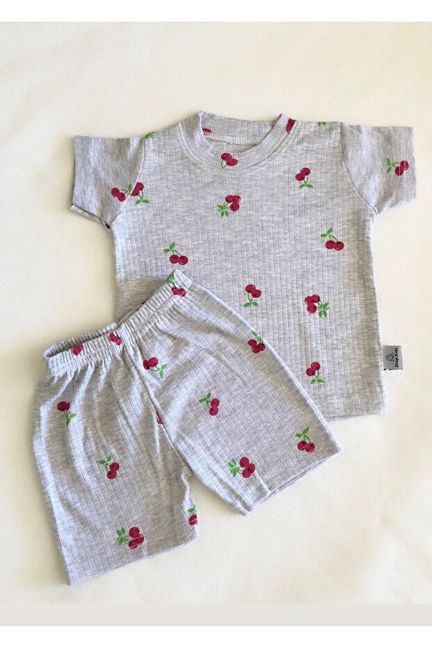Premium Newborn Short Sleeve Cherry Print Pajama Set - Grey Melange - TryAladdin