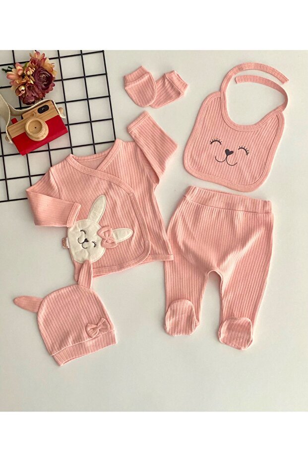 Premium Organic 5 - Piece Baby Hospital Exit Set Embroidered Bear Salmon - TryAladdin