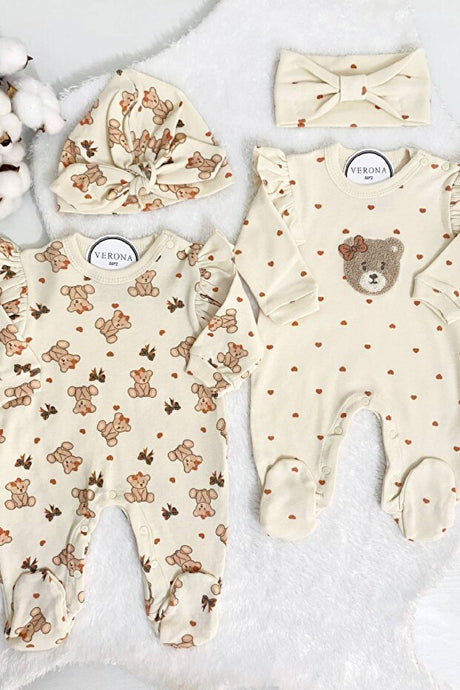 Premium Organic Baby Girl Bear Bodysuit Set - 4 Piece Newborn Collection - TryAladdin