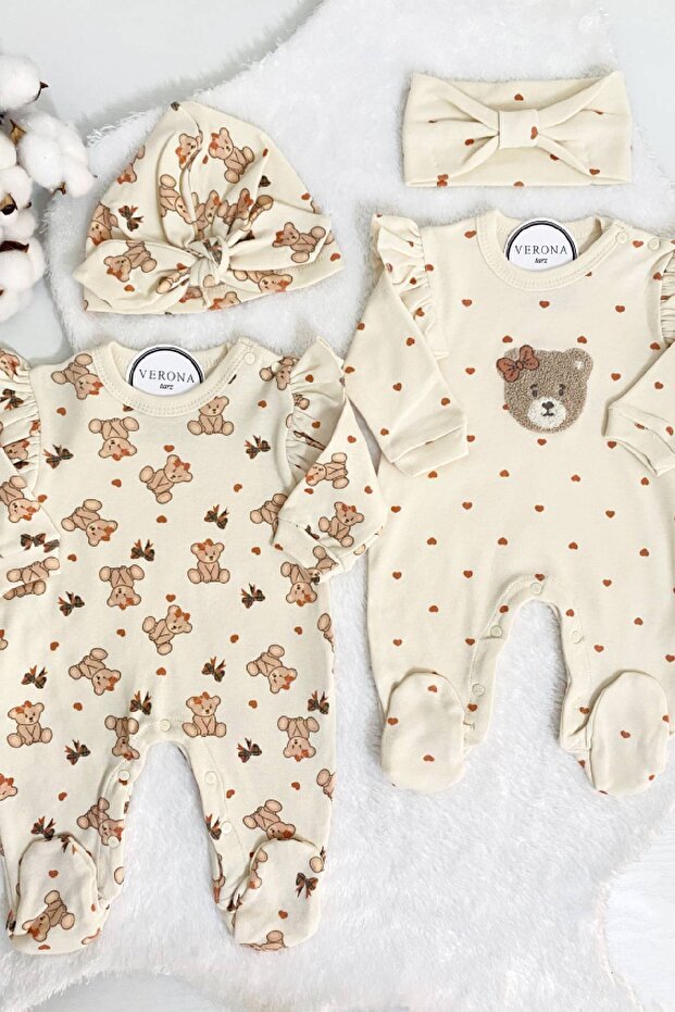 Premium Organic Baby Girl Bear Bodysuit Set - 4 Piece Newborn Collection - TryAladdin