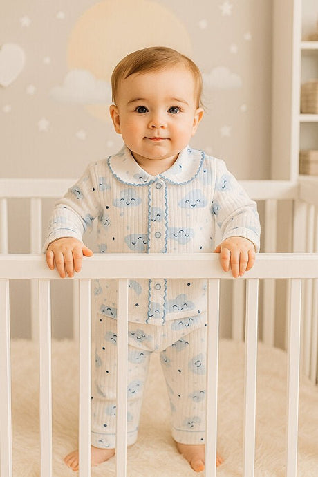 Premium Organic Blue Snap - Front Teddy Bear Collar Baby Outfit - 2 Piece Set - TryAladdin
