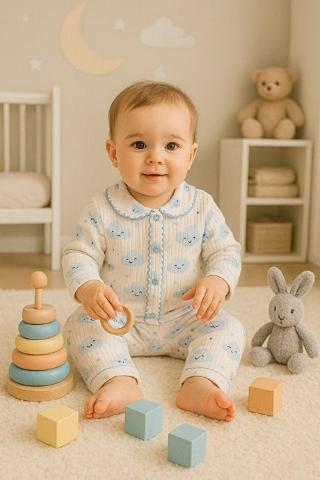 Premium Organic Blue Snap - Front Teddy Bear Collar Baby Outfit - 2 Piece Set - TryAladdin