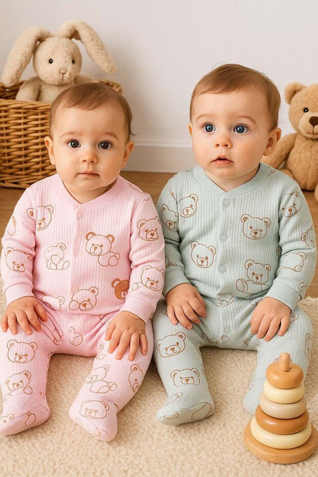 Premium Organic Cotton Newborn Baby Romper Set - Khaki Bear Design - 300g - TryAladdin
