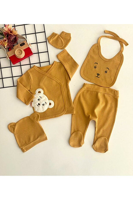 Premium Organic Cotton Teddy Bear Embroidered 5 - Piece Newborn Hospital Welcome Set - Mustard - TryAladdin