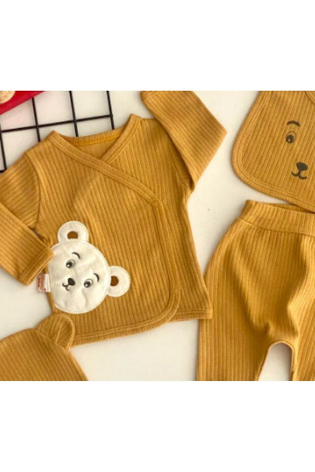 Premium Organic Cotton Teddy Bear Embroidered 5 - Piece Newborn Hospital Welcome Set - Mustard - TryAladdin