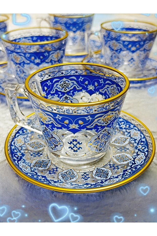 Premium Pasabahce Gold Blue Turkish Coffee Tea Cup Set - 195ml (12 - Piece) - TryAladdin