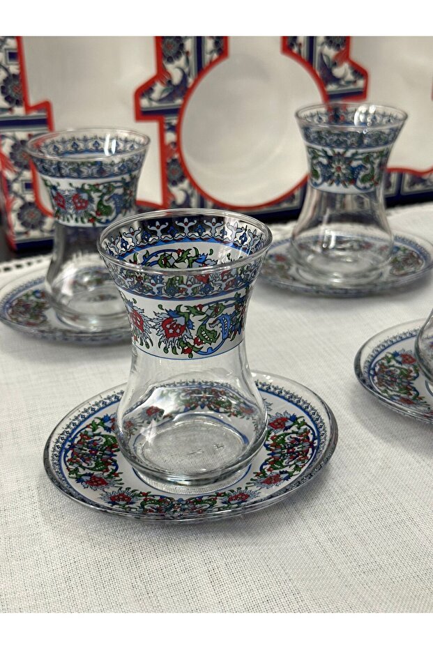 Premium Patterned Turkish Tea Glass and Saucer Set - 6 Pc - TryAladdin