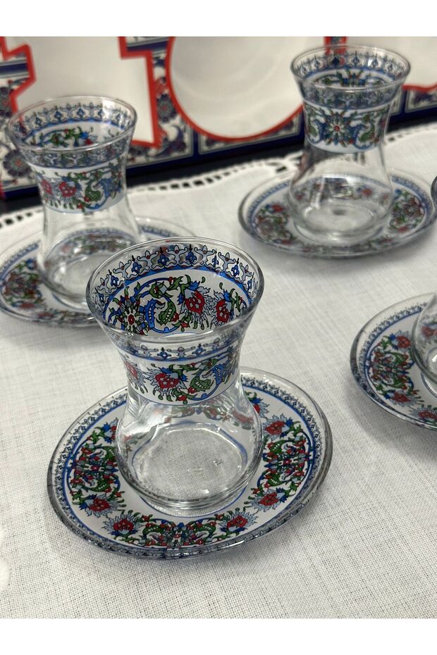 Premium Patterned Turkish Tea Glass and Saucer Set - 6 Pc - TryAladdin