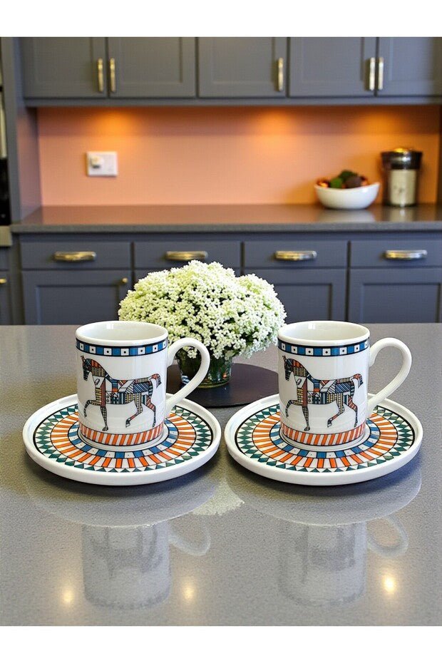 Premium Porcelain Turkish Coffee Cup Set, Horse Design - 6 Piece - TryAladdin