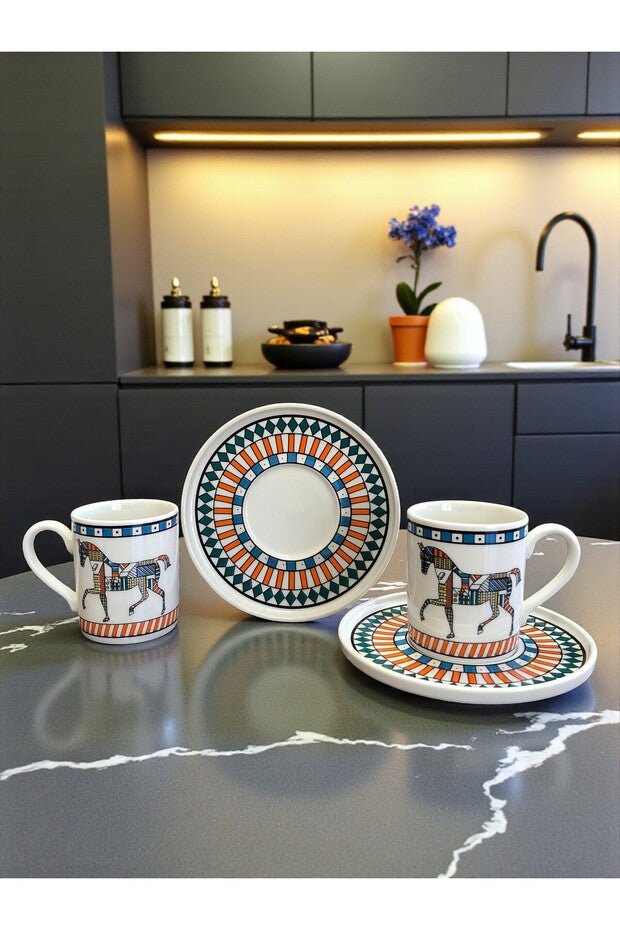 Premium Porcelain Turkish Coffee Cup Set, Horse Design - 6 Piece - TryAladdin