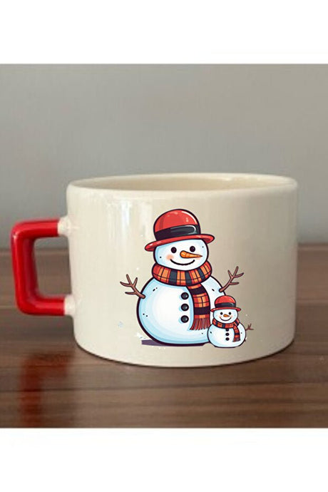 Premium Snowman Printed Red Handle Ceramic Mug - 330ml - TryAladdin
