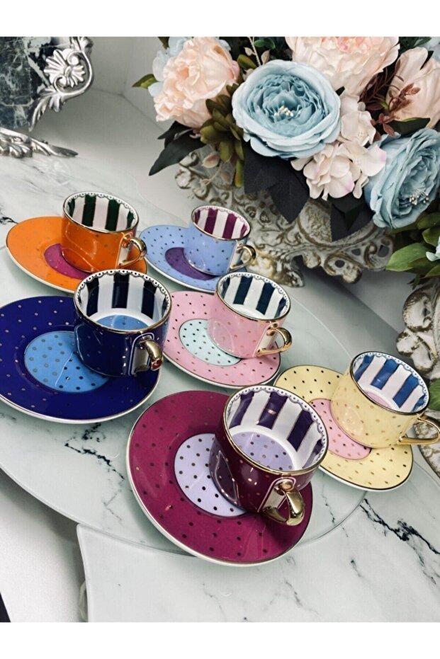 Premium Turkish Coffee Cup Set - Colorful Polka Dot Design - 6 - Piece - TryAladdin