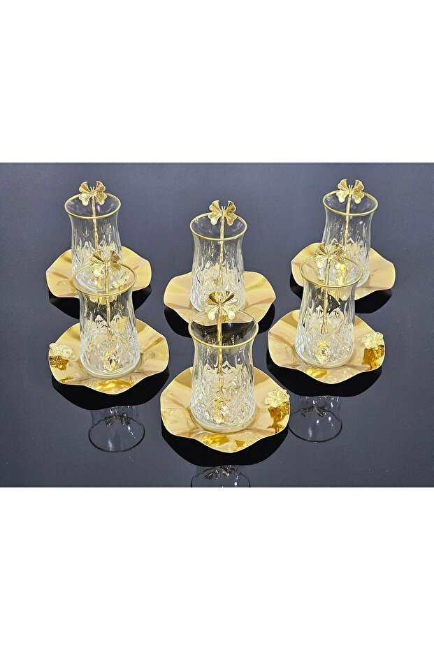 Premium Turkish Odin Tea Set with Butterfly Spoons & Metal Saucers - 18 - Piece Set - TryAladdin