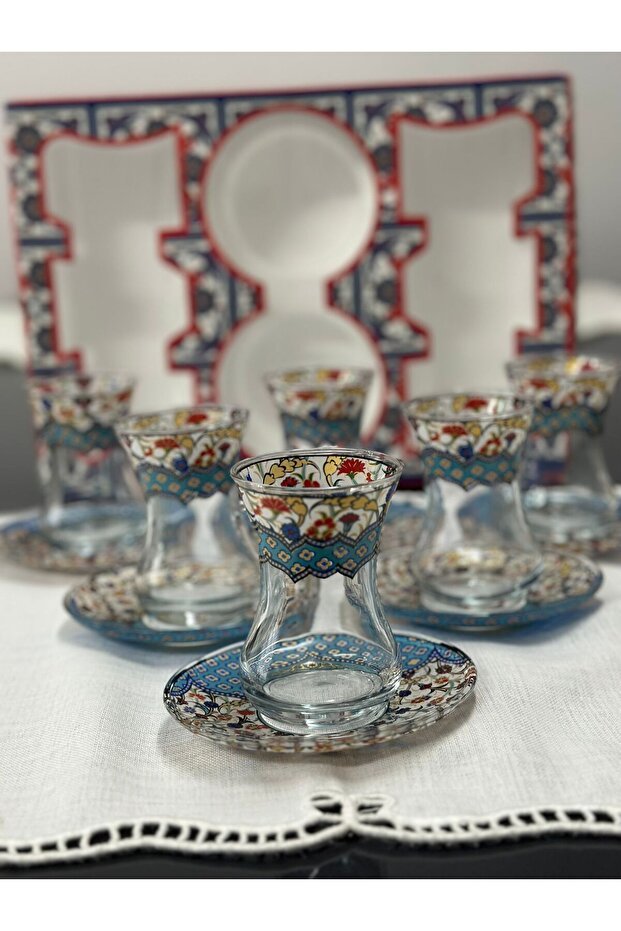 Premium Turkish Patterned Slim Waist Tea Glass Set with Saucers - 6 Piece - TryAladdin