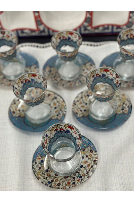 Premium Turkish Patterned Slim Waist Tea Glass Set with Saucers - 6 Piece - TryAladdin