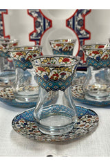Premium Turkish Patterned Slim Waist Tea Glass Set with Saucers - 6 Piece - TryAladdin