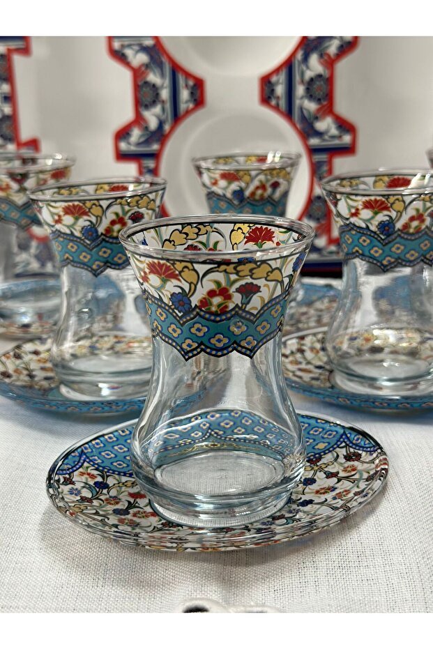 Premium Turkish Patterned Slim Waist Tea Glass Set with Saucers - 6 Piece - TryAladdin