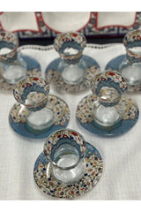 Premium Turkish Patterned Slim Waist Tea Glass Set with Saucers - 6 Piece - TryAladdin