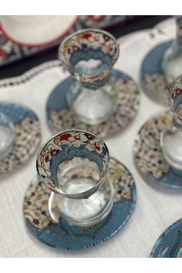 Premium Turkish Patterned Slim Waist Tea Glass Set with Saucers - 6 Piece - TryAladdin