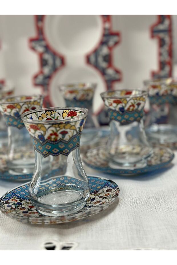 Premium Turkish Patterned Slim Waist Tea Glass Set with Saucers - 6 Piece - TryAladdin