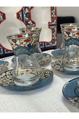 Premium Turkish Patterned Slim Waist Tea Glass Set with Saucers - 6 Piece - TryAladdin