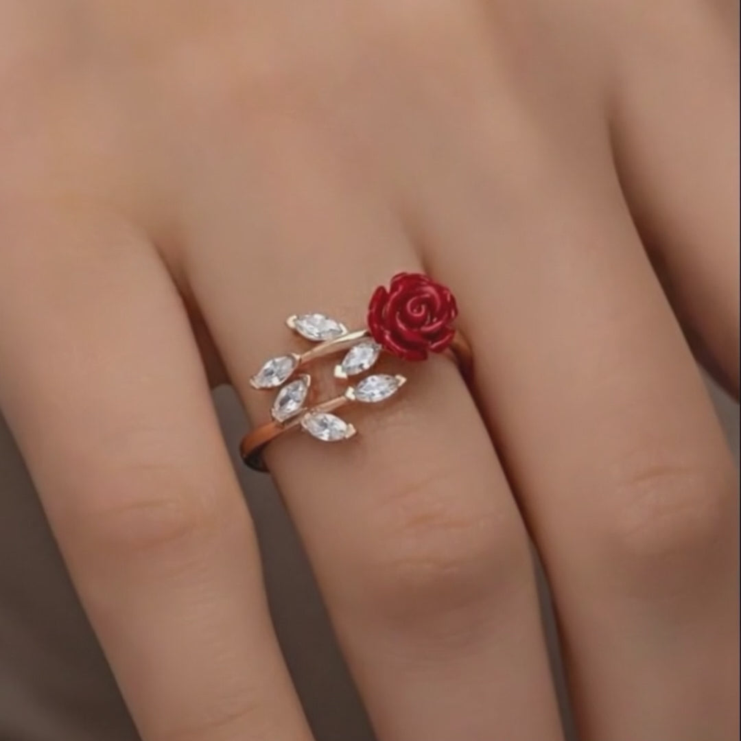 Elegant 925 Sterling Silver Red Rose Ivy Adjustable Ring | Zircon Stone Detail
