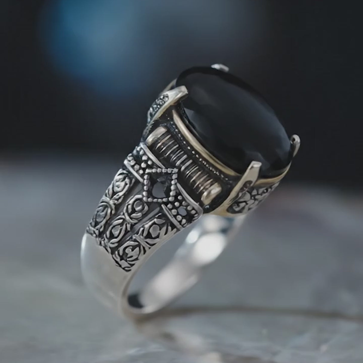 Heren 925 Sterling Zilveren Ring met Zwarte Onyx Steen - Ketting Serie Ontwerp, Handgemaakt