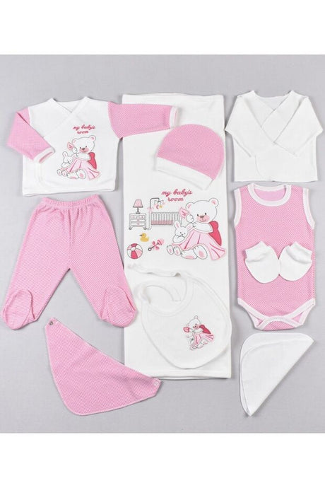 Professional 10 - Piece Newborn Baby Bear Embroidered Pink Outfit Set - 100% Premium Cotton - TryAladdin