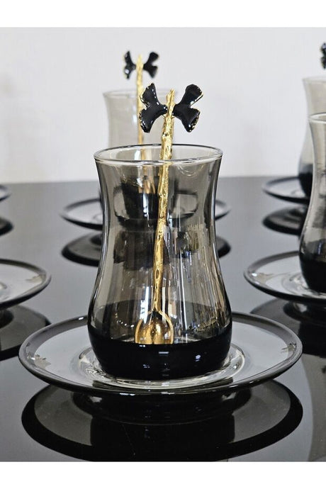 Professional 18 - Piece Smoked Black Glass Turkish Tea Set with Butterfly Spoons - TryAladdin