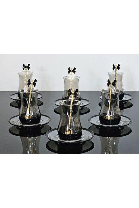 Professional 18 - Piece Smoked Black Glass Turkish Tea Set with Butterfly Spoons - TryAladdin
