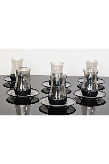 Professional Atabey Smoked Black Glass Turkish Tea Set - 12 - Piece Serveware Collection - TryAladdin