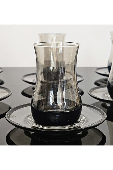 Professional Atabey Smoked Black Glass Turkish Tea Set - 12 - Piece Serveware Collection - TryAladdin