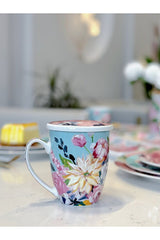 Professional Bone China Peony Patterned Mug with Lid & Infuser - 570ml - TryAladdin