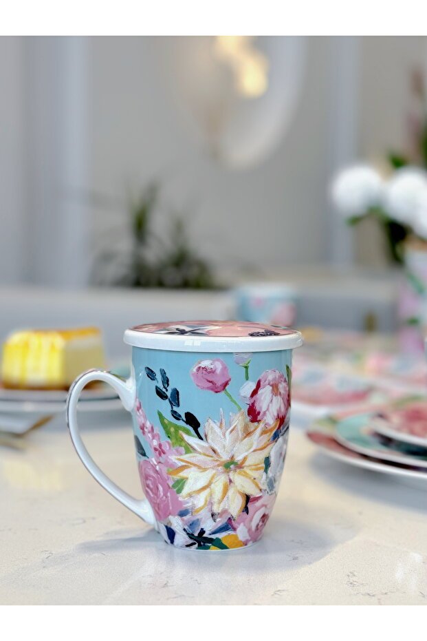 Professional Bone China Peony Patterned Mug with Lid & Infuser - 570ml - TryAladdin