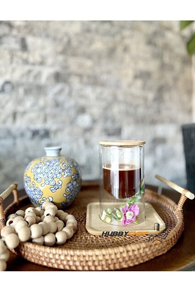 Professional Double Wall Glass Serving Cup & Candle Holder Set with Bamboo Plate and Lid - 2 Piece Set - TryAladdin